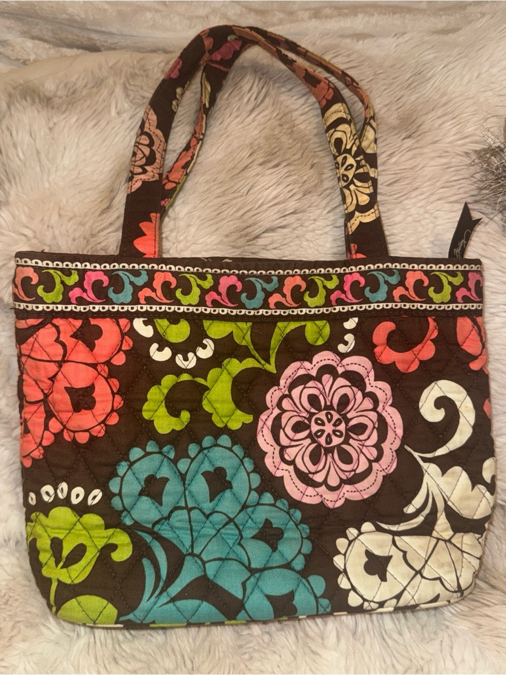 Vera Bradley Brown Quilted Floral Tote with Pink, Teal & Lime Accents